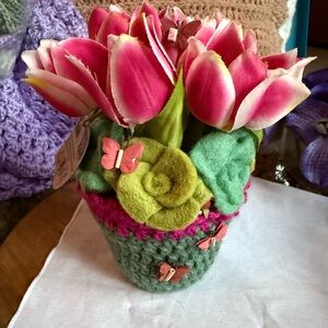 Pink and Green Knitted Flower Pot